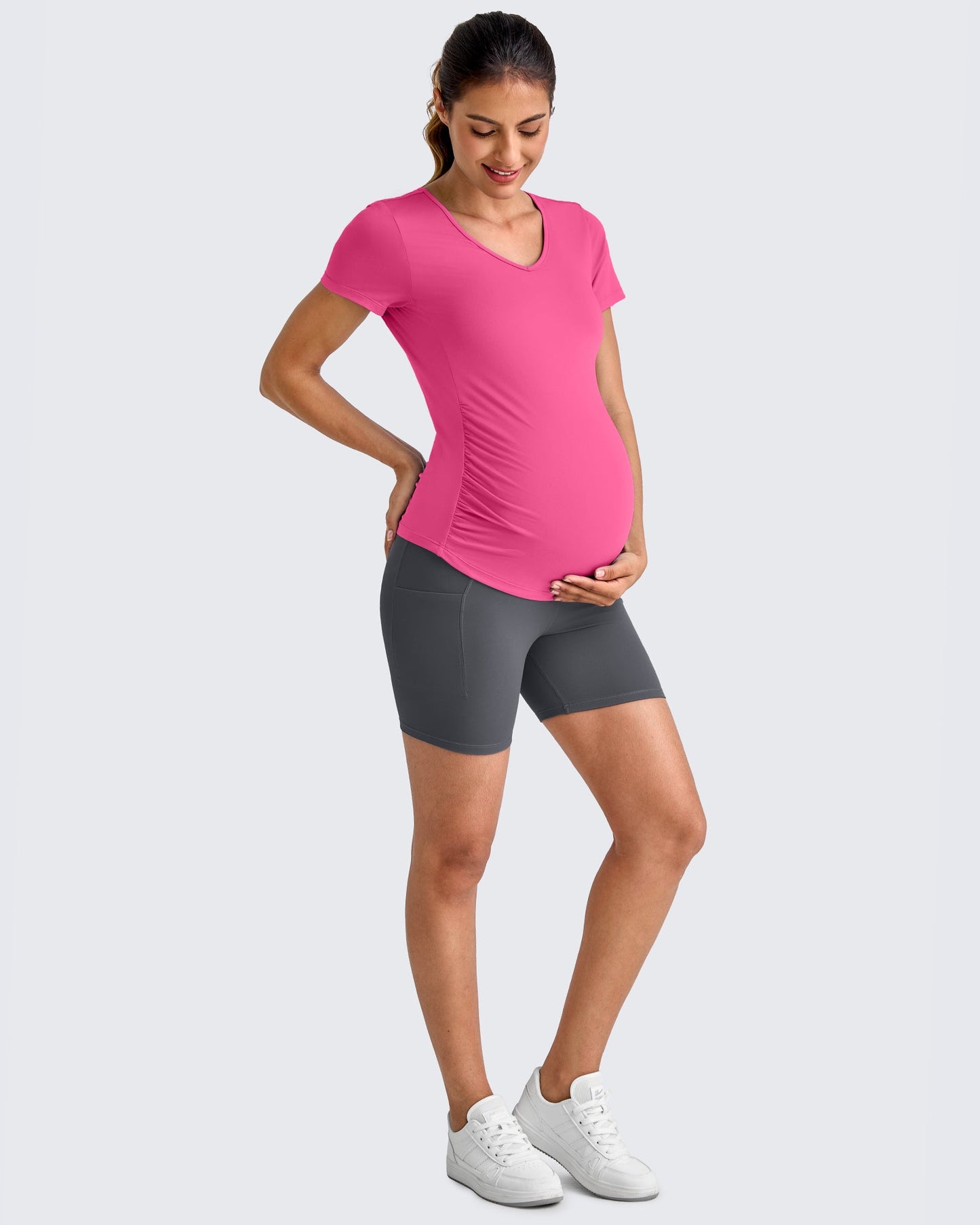 Lightweight V Neck Side Ruched Maternity Short Sleeve