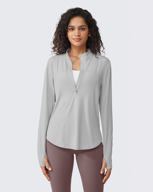 G4Free Activewear Quick Dry High Neck Sun Half Zip Workout Tops # Grey