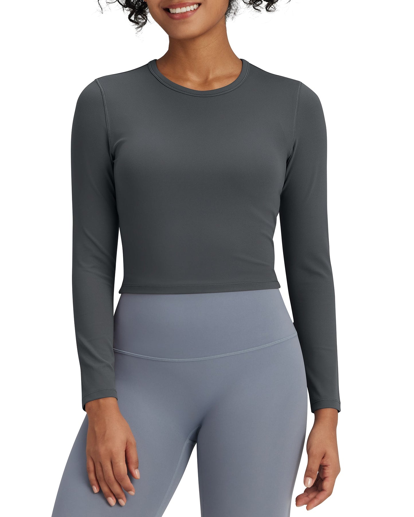G4Free Activewear BareFeel Slim High Crew Neck Cropped Long Sleeve # Dark gray