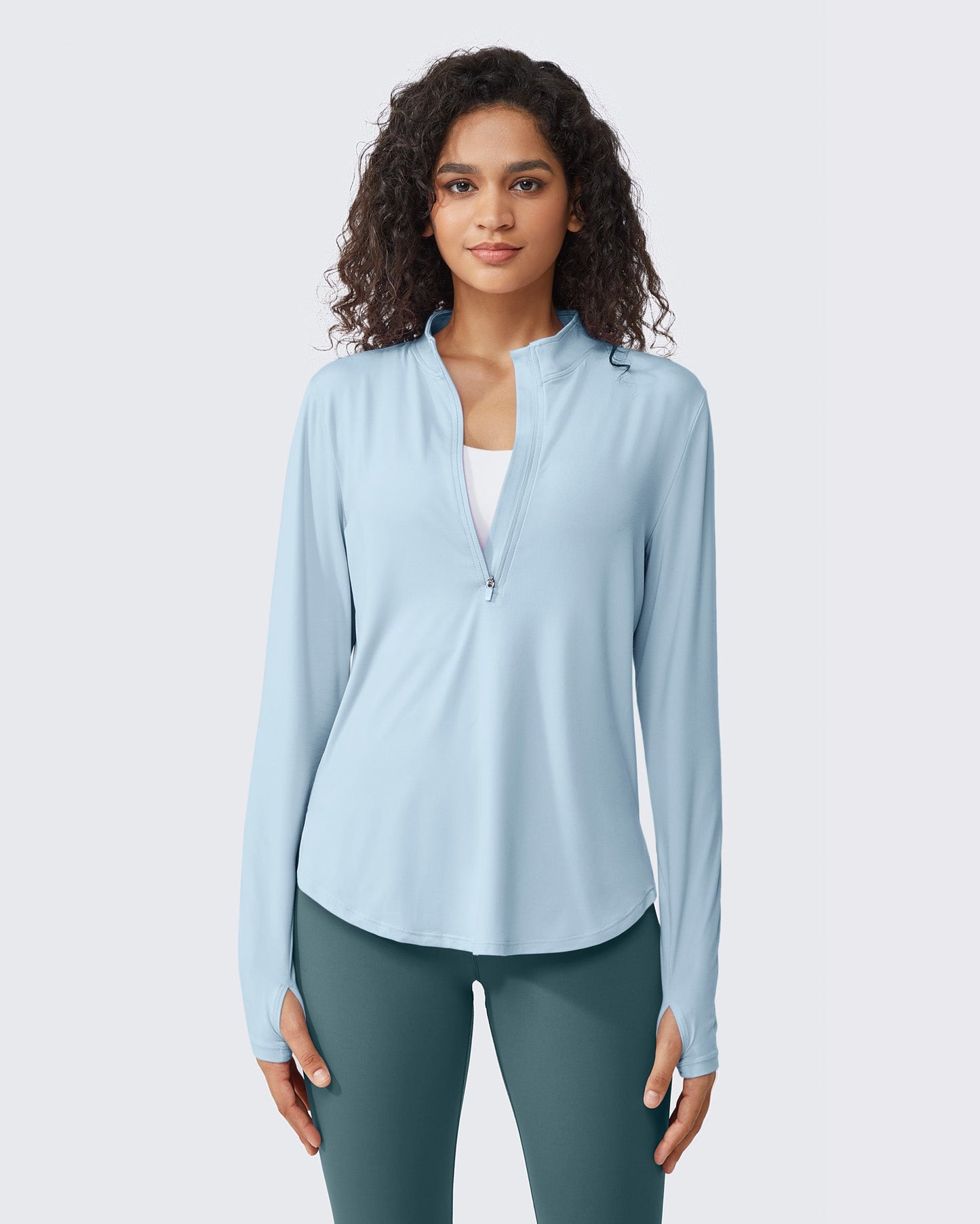 G4Free Activewear Quick Dry High Neck Sun Half Zip Workout Tops # Light blue