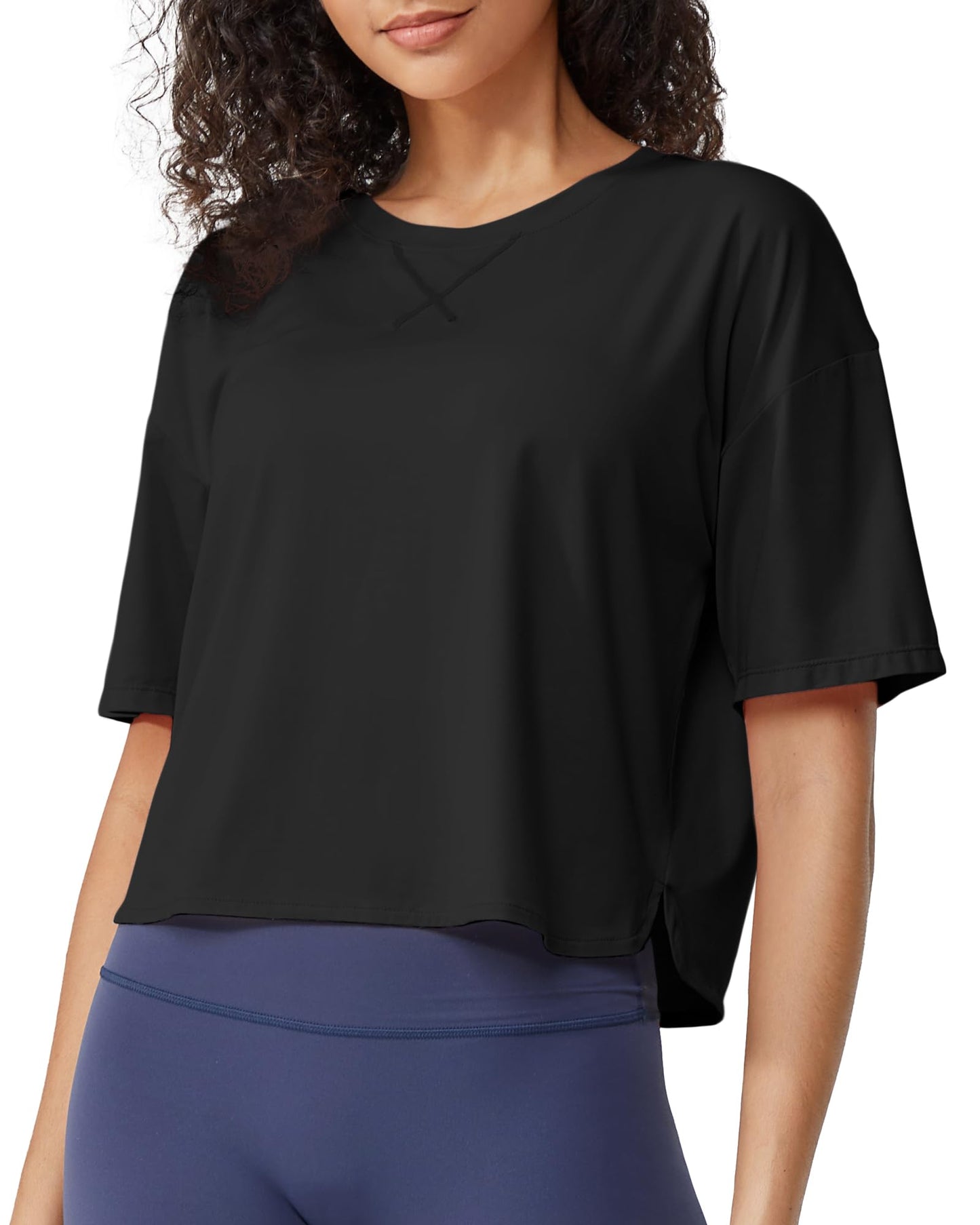 G4Free Activewear Scoop Neck Short Sleeve Workout Crop Tops # Black