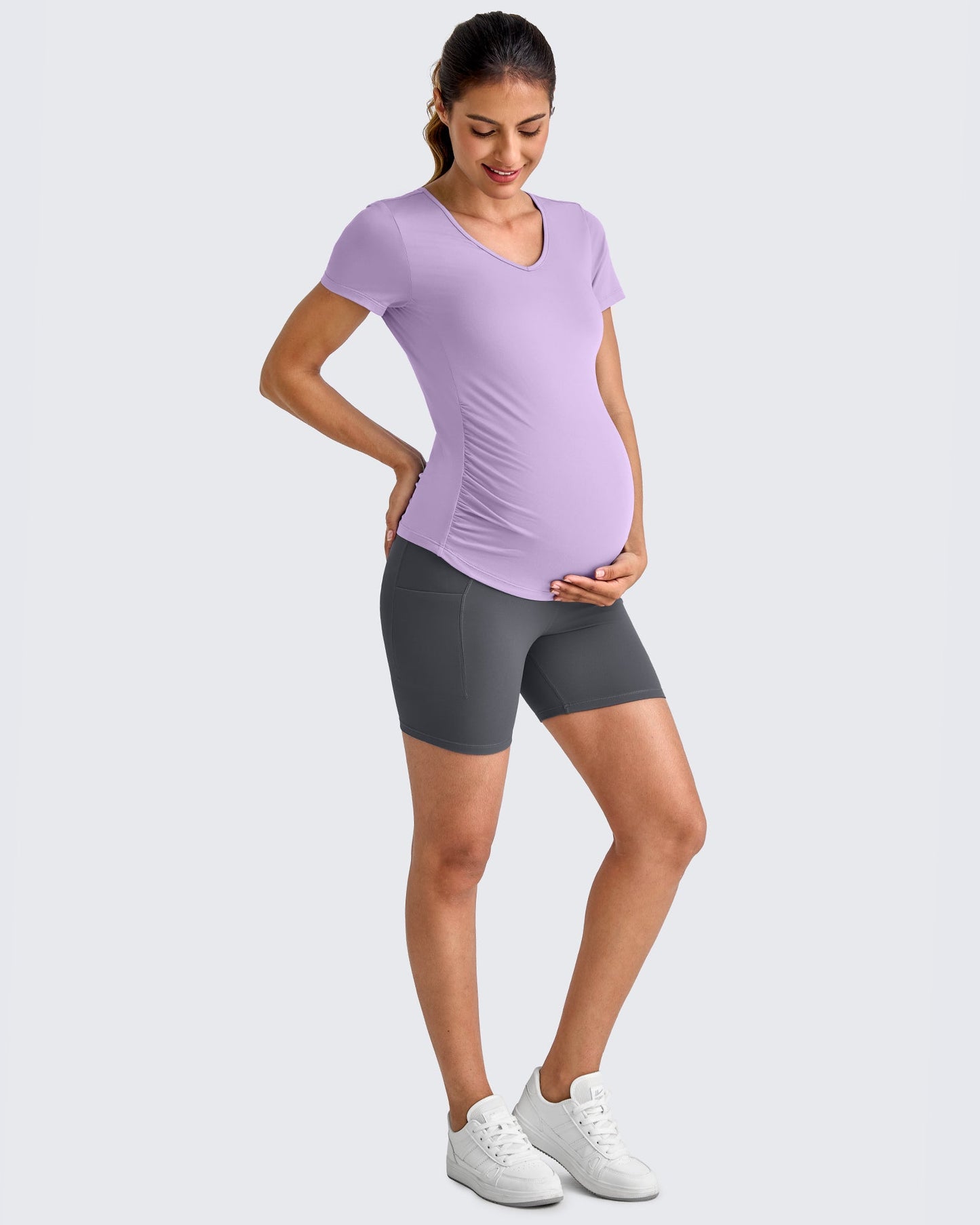 Lightweight V Neck Side Ruched Maternity Short Sleeve