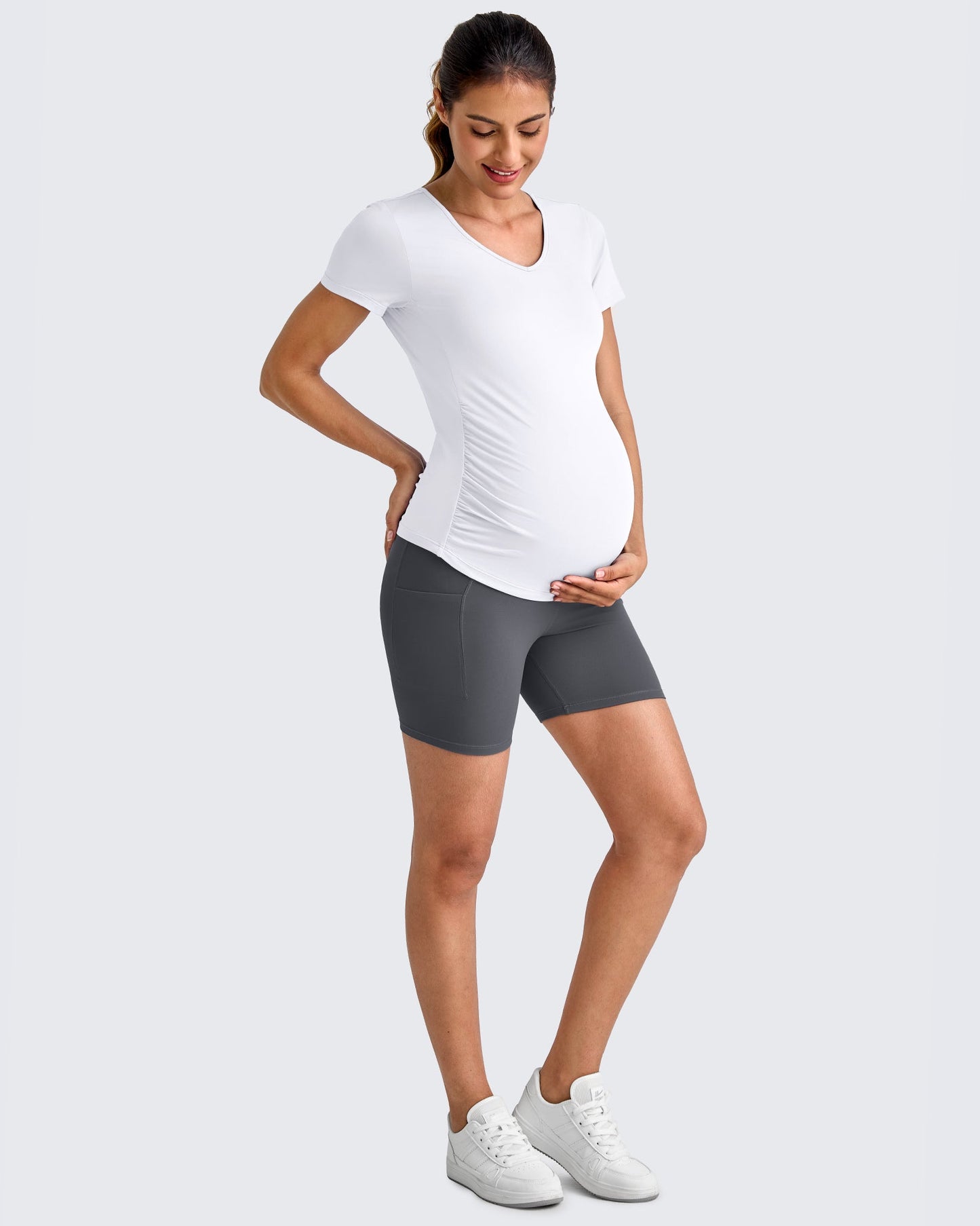 Lightweight V Neck Side Ruched Maternity Short Sleeve