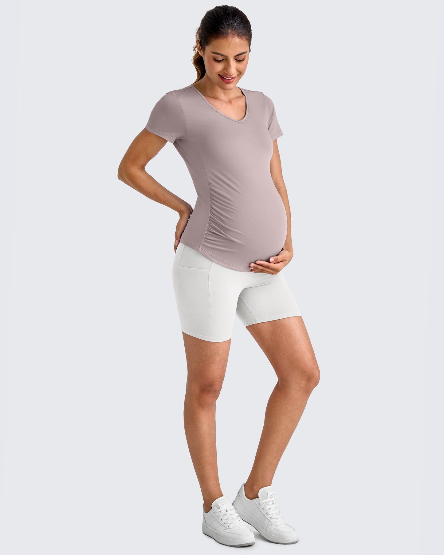 Lightweight V Neck Side Ruched Maternity Short Sleeve