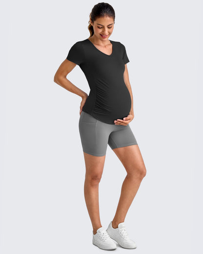 Lightweight V Neck Side Ruched Maternity Short Sleeve