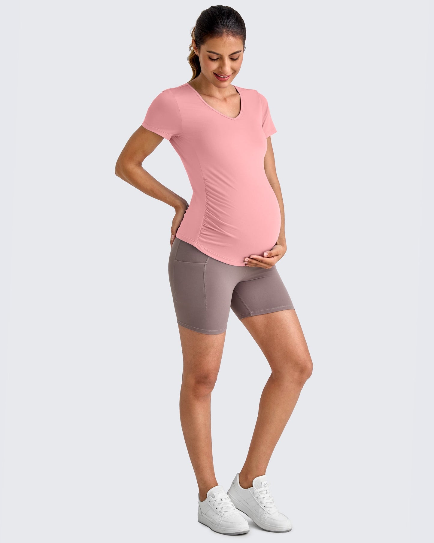 Lightweight V Neck Side Ruched Maternity Short Sleeve