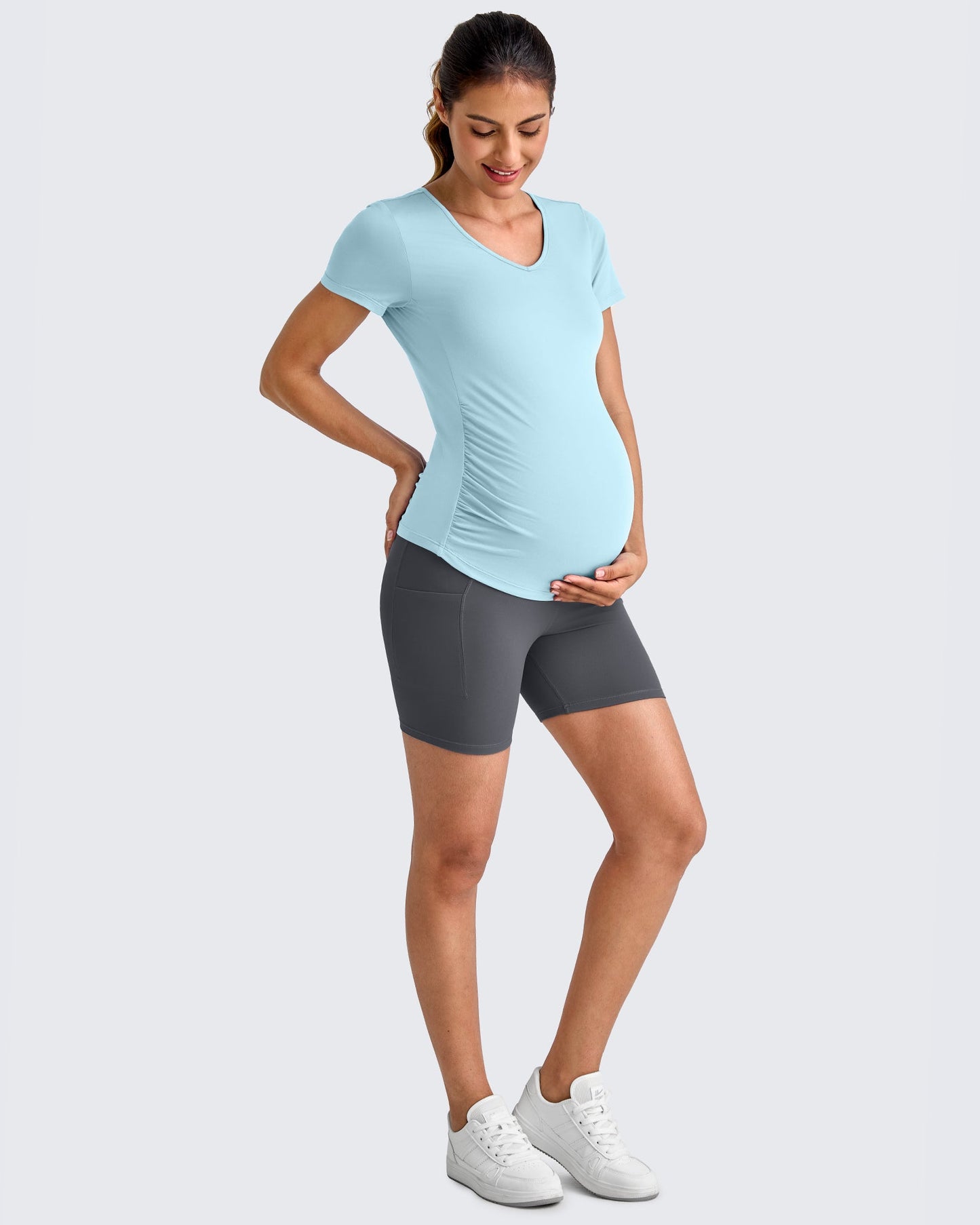 G4Free Activewear Lightweight V Neck Side Ruched Maternity Short Sleeve #Pink / S-Pink / M-Pink / L-Pink / XL-Pink / XXL-Pink / XS-Black / S-Black / M-Black / L-Black / XL