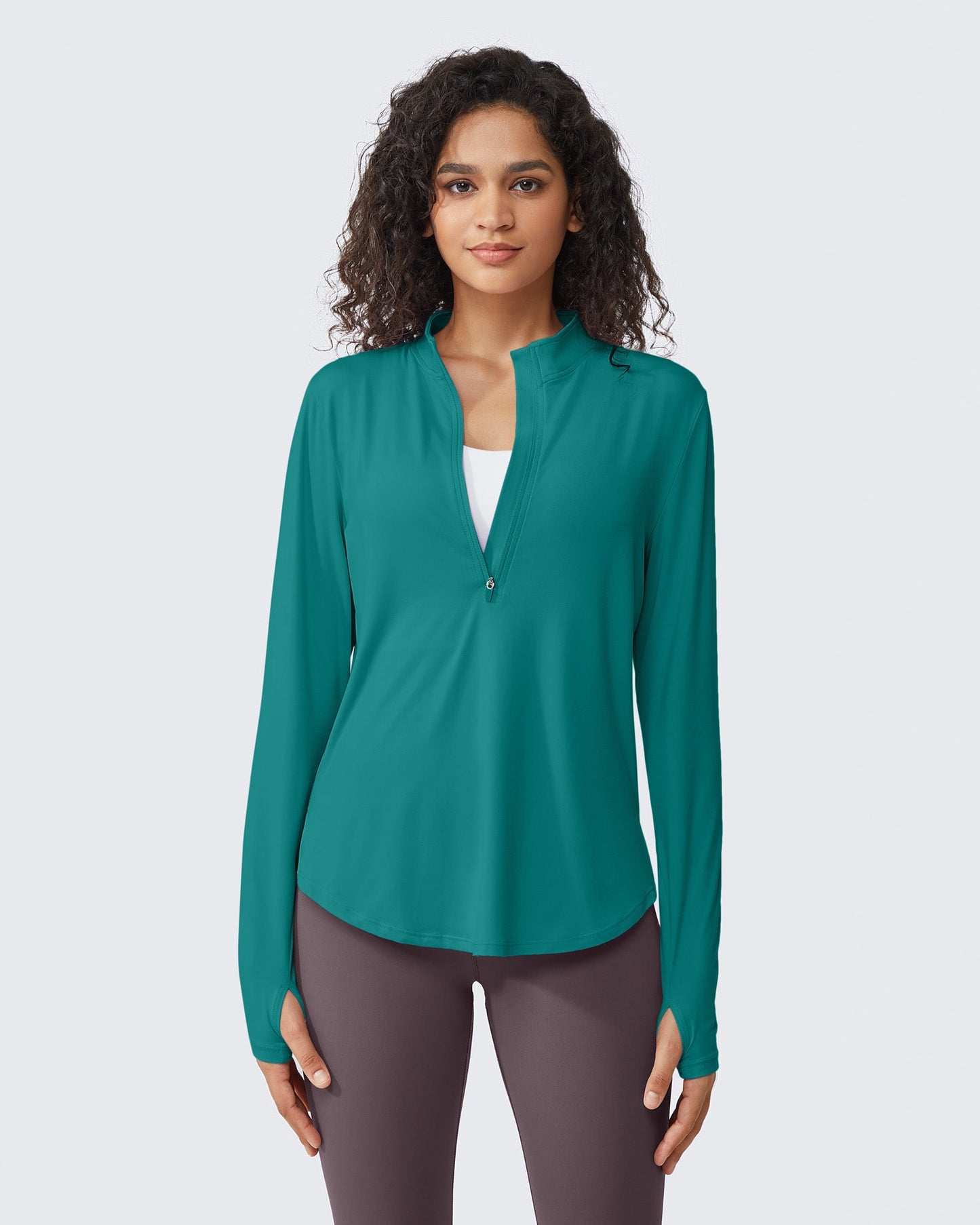 G4Free Activewear Quick Dry High Neck Sun Half Zip Workout Tops # Teal