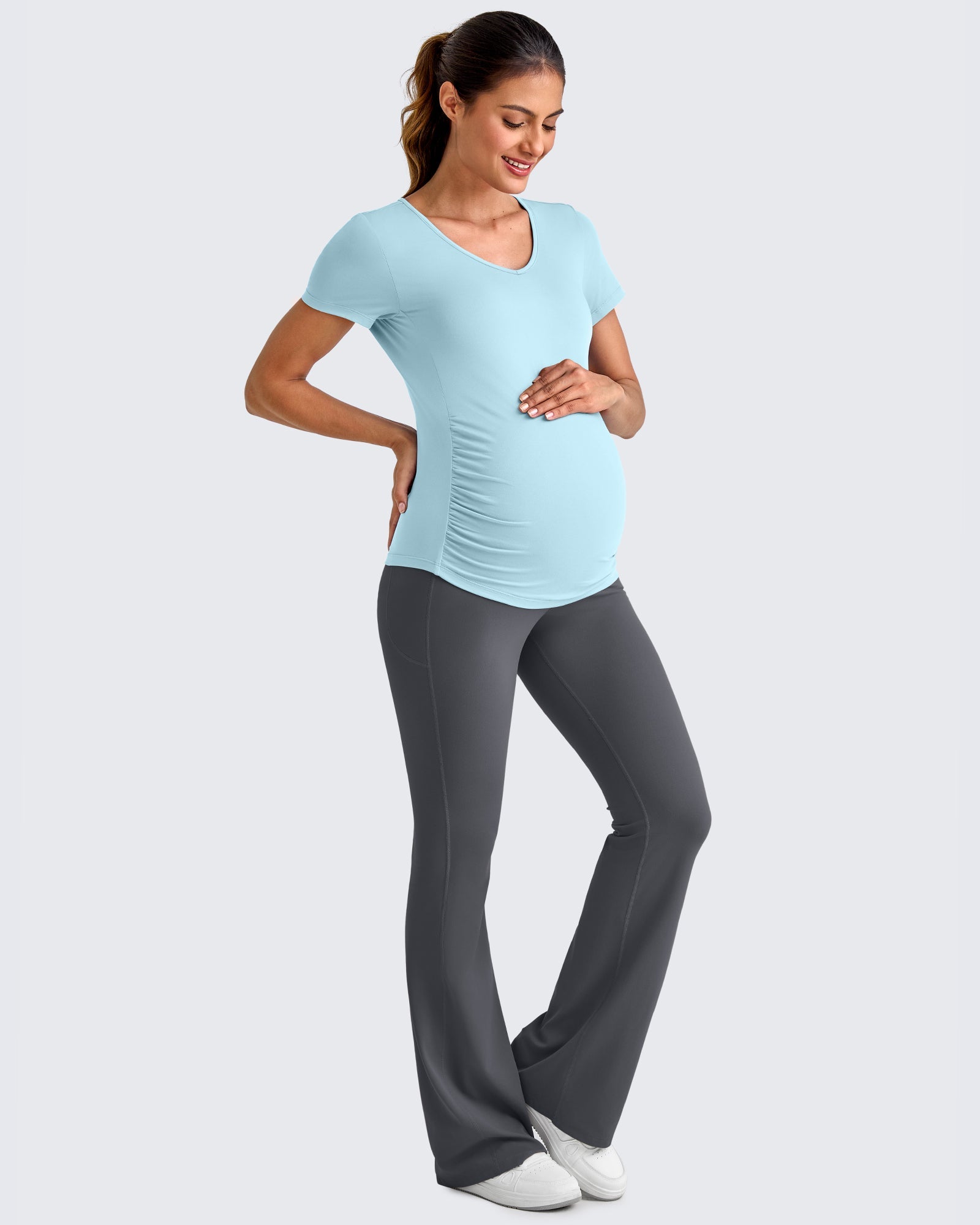 G4Free Activewear Lightweight V Neck Side Ruched Maternity Short Sleeve #Pink / S-Pink / M-Pink / L-Pink / XL-Pink / XXL-Pink / XS-Black / S-Black / M-Black / L-Black / XL