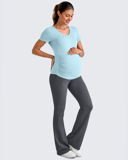 G4Free Activewear Lightweight V Neck Side Ruched Maternity Short Sleeve #Pink / S-Pink / M-Pink / L-Pink / XL-Pink / XXL-Pink / XS-Black / S-Black / M-Black / L-Black / XL