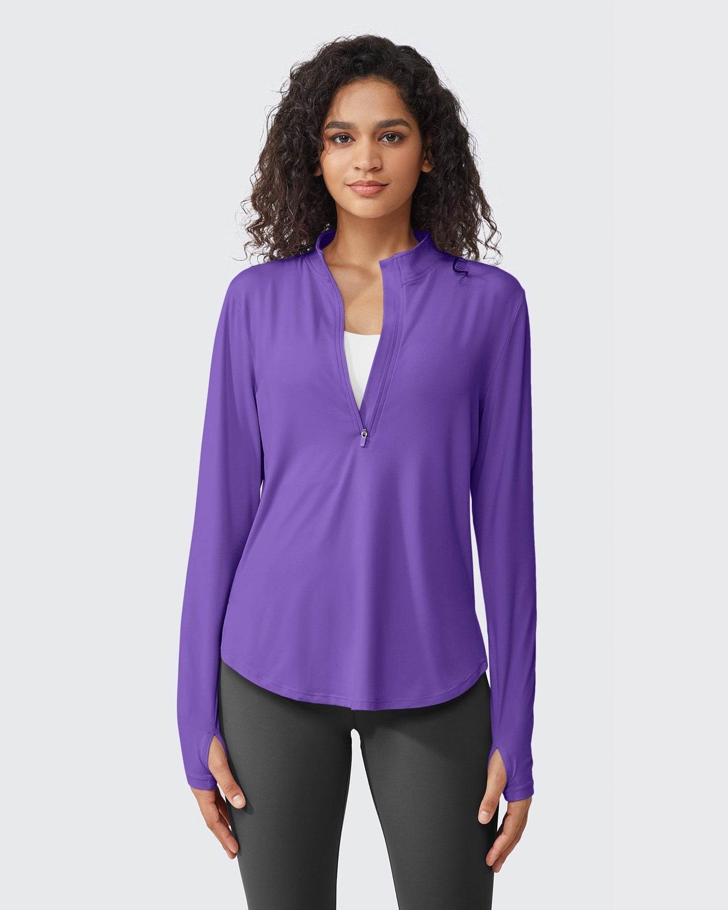 G4Free Activewear Quick Dry High Neck Sun Half Zip Workout Tops # Dark purple