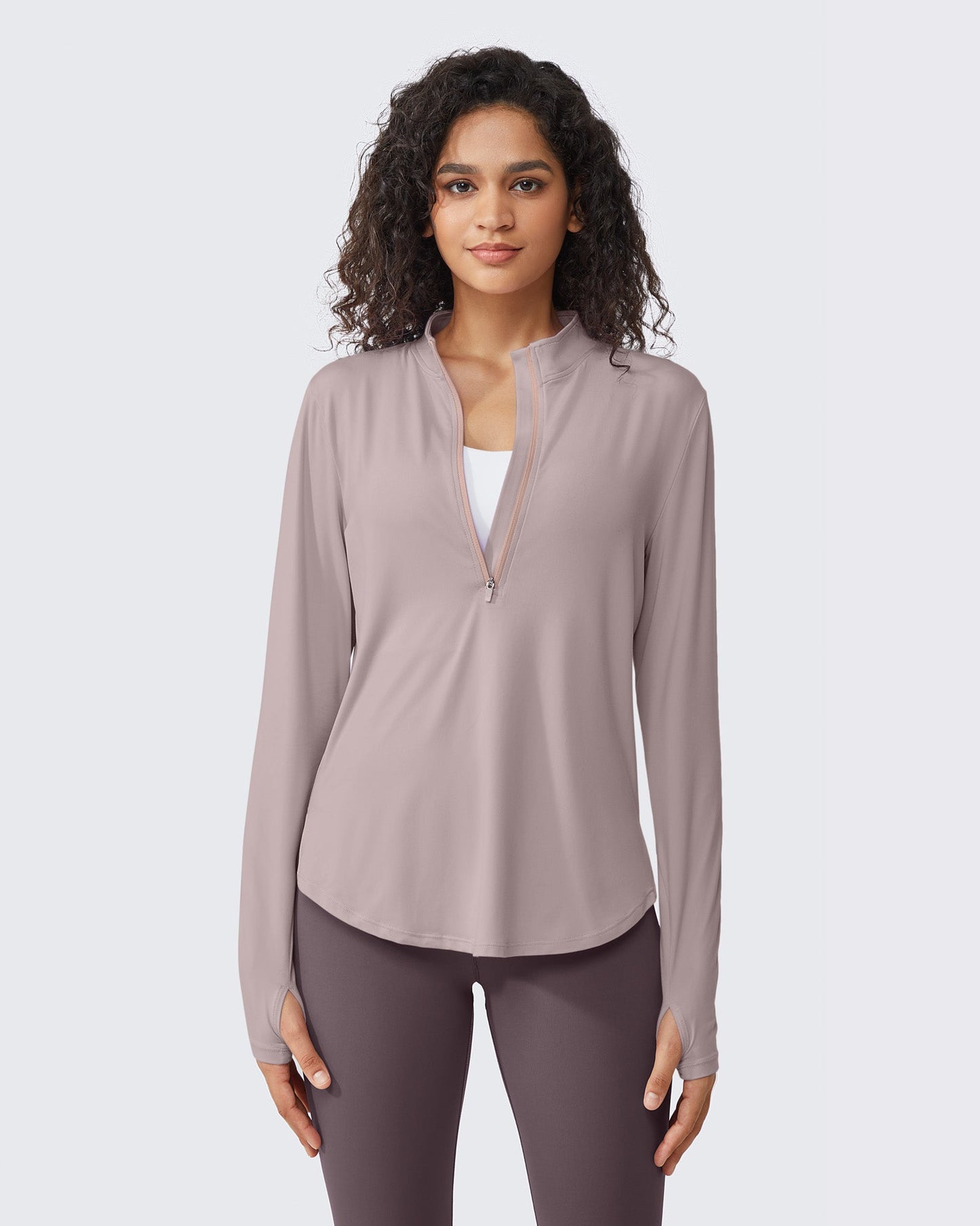 G4Free Activewear Quick Dry High Neck Sun Half Zip Workout Tops # Toffee