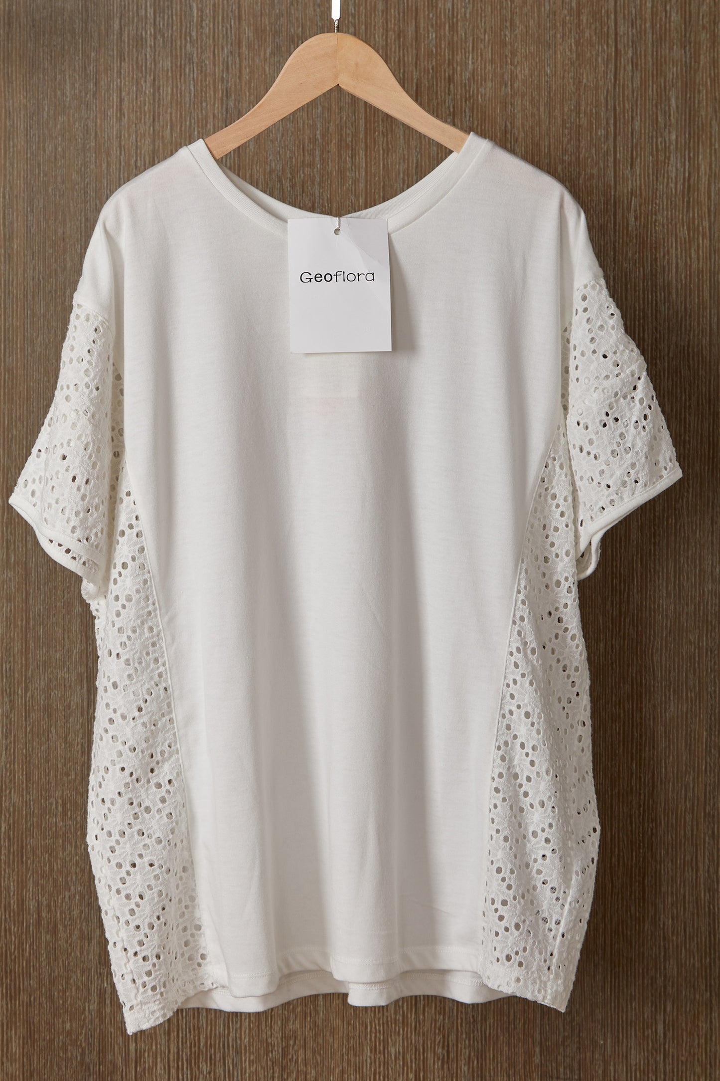 Geoflora White Eyelet Lace Panel Short Sleeve T-Shirt - Loose-Fit Casual Cotton Top