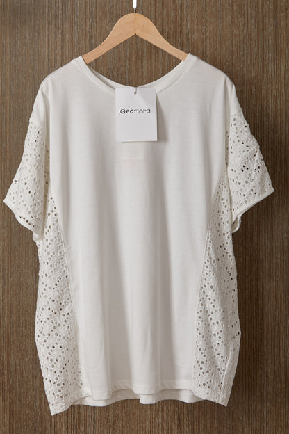 Geoflora White Eyelet Lace Panel Short Sleeve T-Shirt - Loose-Fit Casual Cotton Top