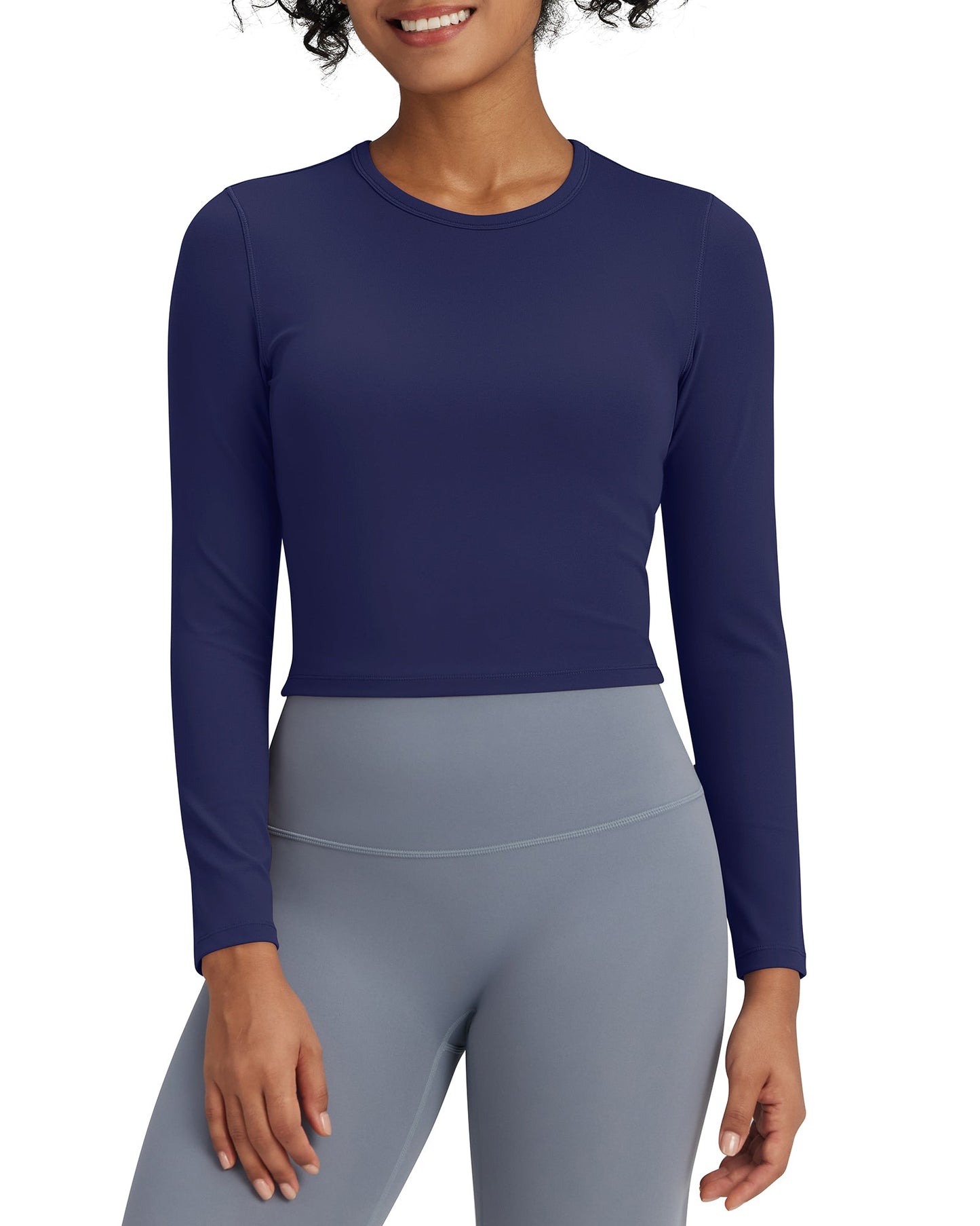 G4Free Activewear BareFeel Slim High Crew Neck Cropped Long Sleeve # Navy