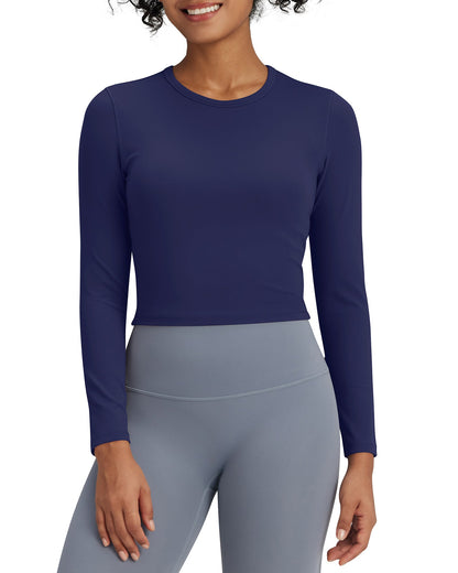 G4Free Activewear BareFeel Slim High Crew Neck Cropped Long Sleeve # Navy