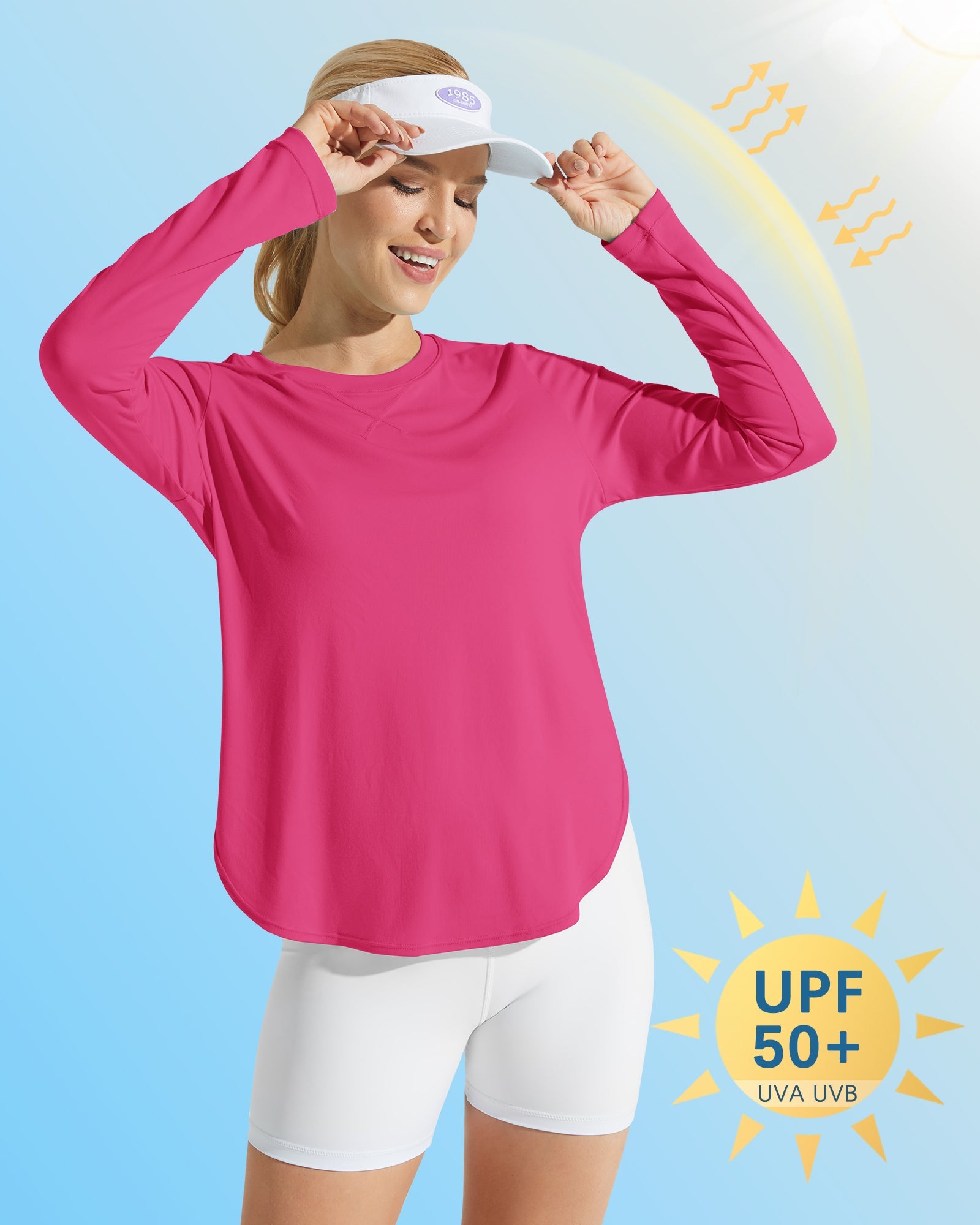 G4Free Activewear Scoop Neck UV Sun Workout Long Sleeve #Hot pink