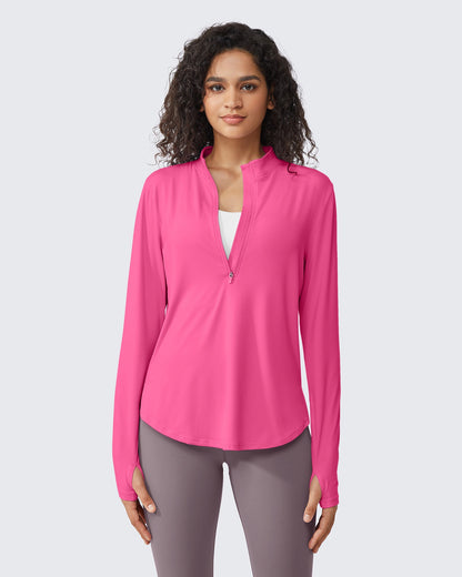 G4Free Activewear Quick Dry High Neck Sun Half Zip Workout Tops # Hot pink
