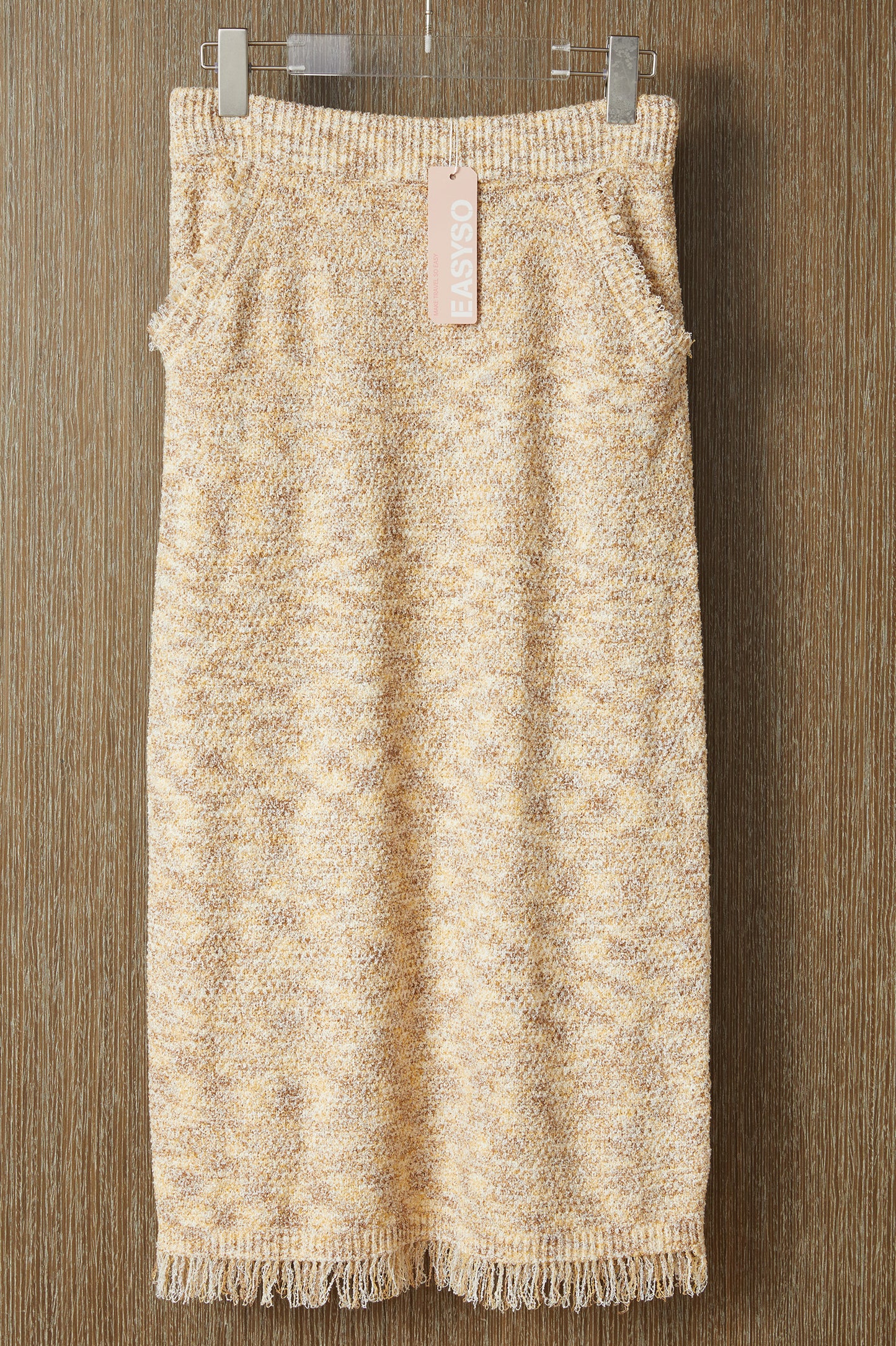 EASYSO Cozy Bouclé Knit Fringe Skirt – Oatmeal Melange Tassel Midi Skirt with Pockets