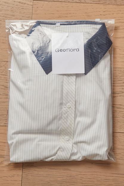 Geoflora White Sleeveless Peplum Blouse with Navy Collar - Casual Button-Down Drawstring Waist Top