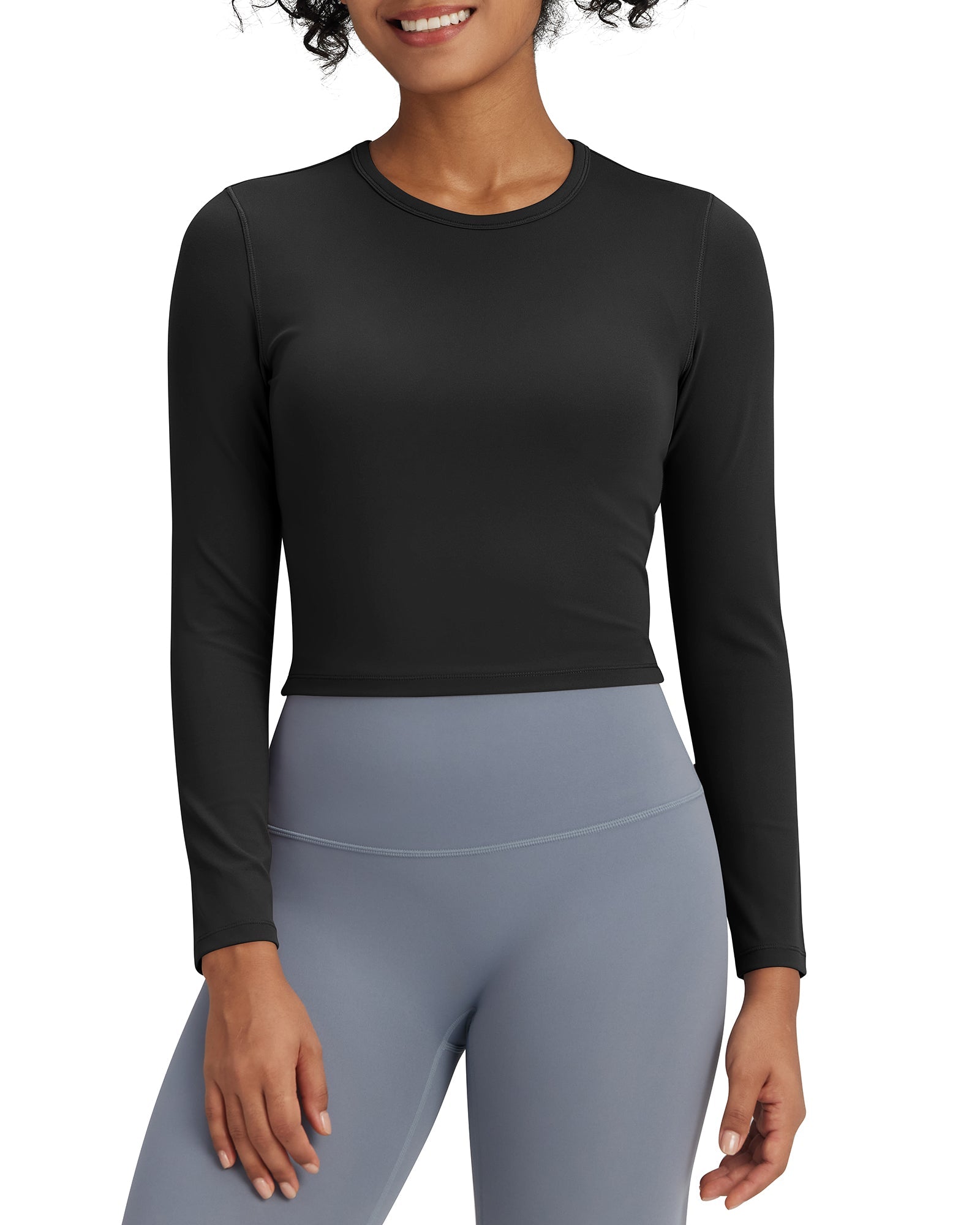 G4Free Activewear BareFeel Slim High Crew Neck Cropped Long Sleeve # Black