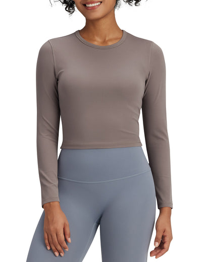 G4Free Activewear BareFeel Slim High Crew Neck Cropped Long Sleeve # Taupe