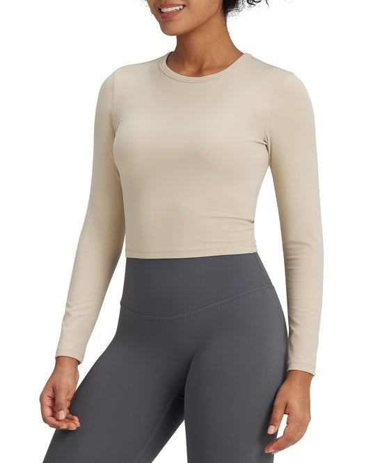 G4Free Activewear BareFeel Slim High Crew Neck Cropped Long Sleeve # Khaki