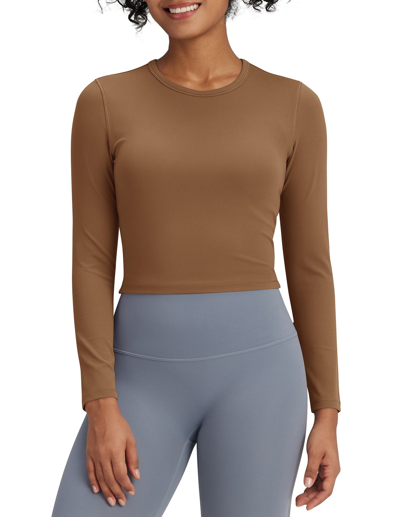 G4Free Activewear BareFeel Slim High Crew Neck Cropped Long Sleeve # Coffee