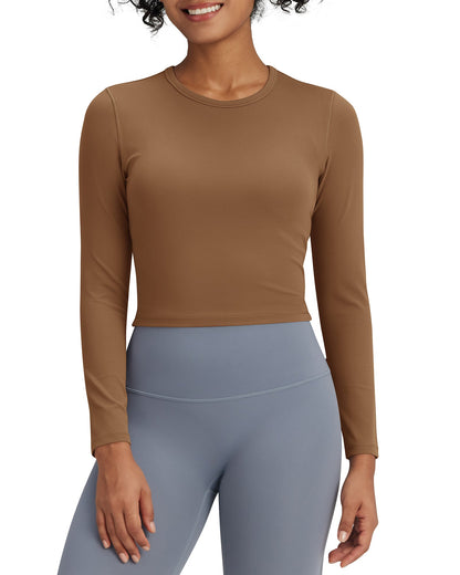 G4Free Activewear BareFeel Slim High Crew Neck Cropped Long Sleeve # Coffee