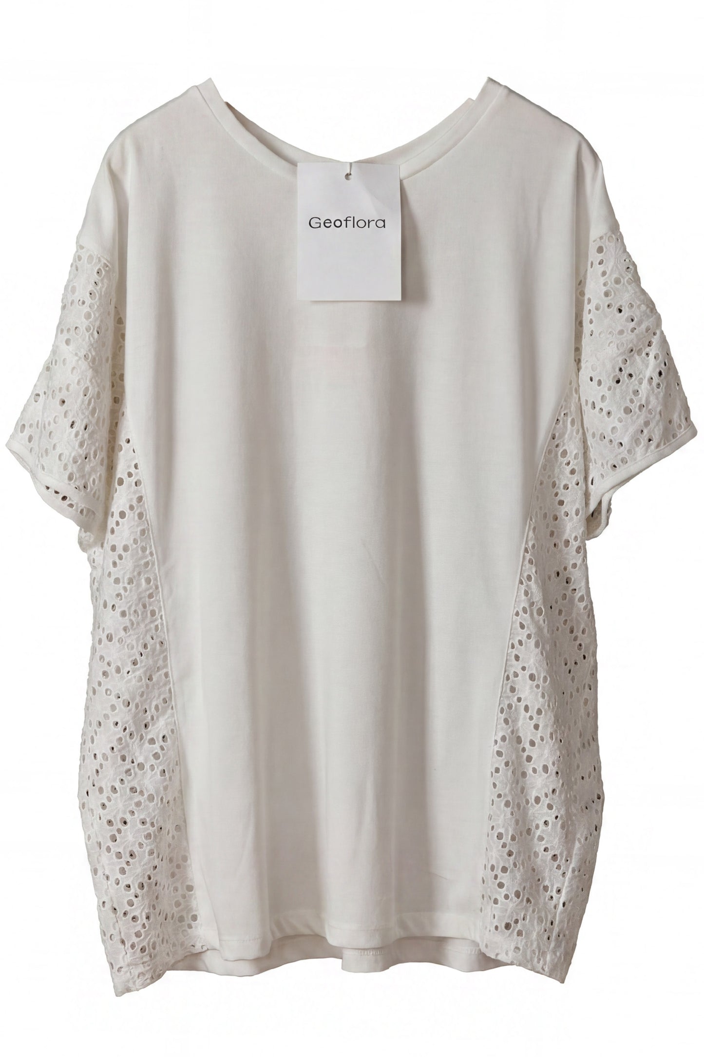 Geoflora White Eyelet Lace Panel Short Sleeve T-Shirt - Loose-Fit Casual Cotton Top