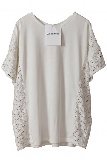 Geoflora White Eyelet Lace Panel Short Sleeve T-Shirt - Loose-Fit Casual Cotton Top