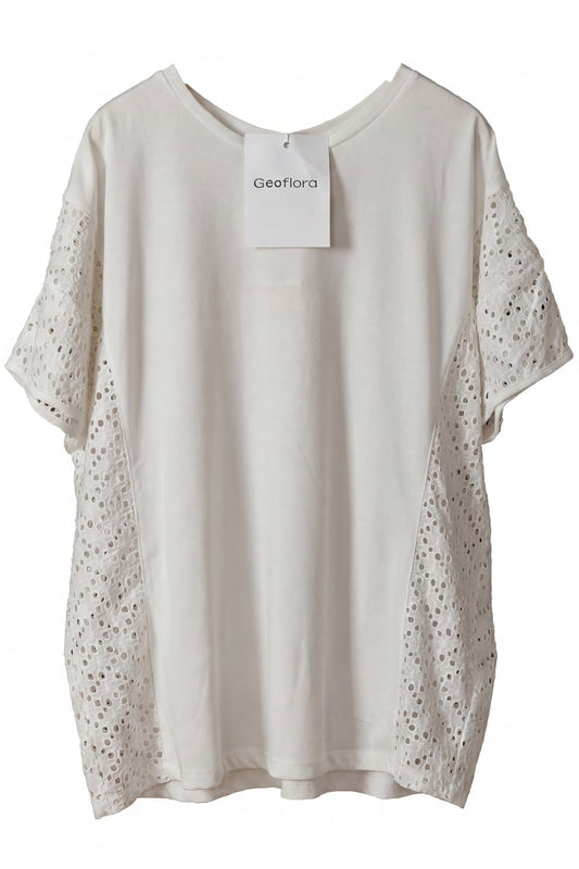 Geoflora White Eyelet Lace Panel Short Sleeve T-Shirt - Loose-Fit Casual Cotton Top