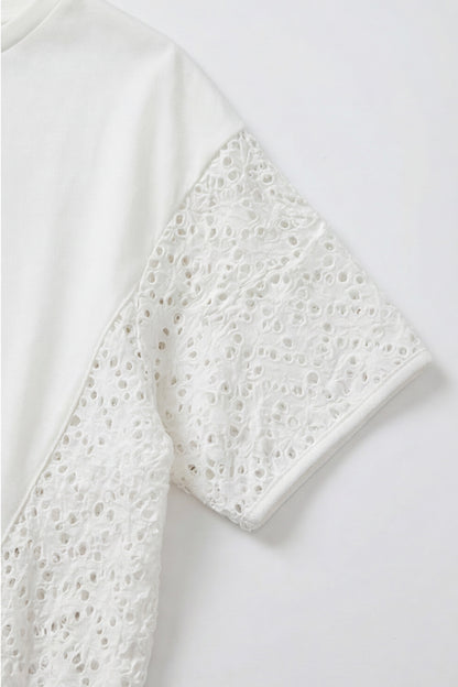 Geoflora White Eyelet Lace Panel Short Sleeve T-Shirt - Loose-Fit Casual Cotton Top