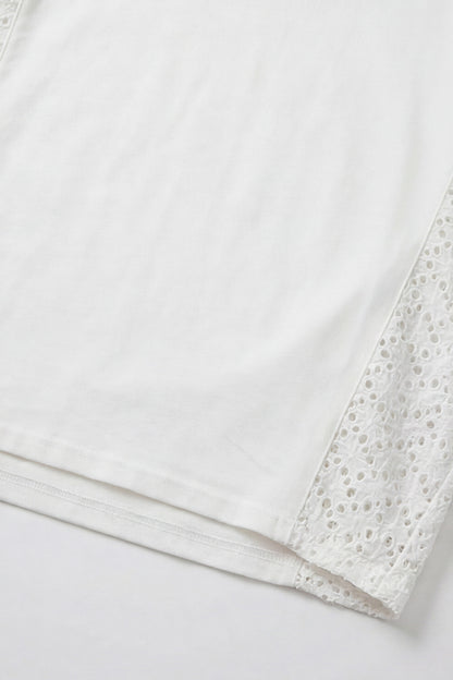 Geoflora White Eyelet Lace Panel Short Sleeve T-Shirt - Loose-Fit Casual Cotton Top