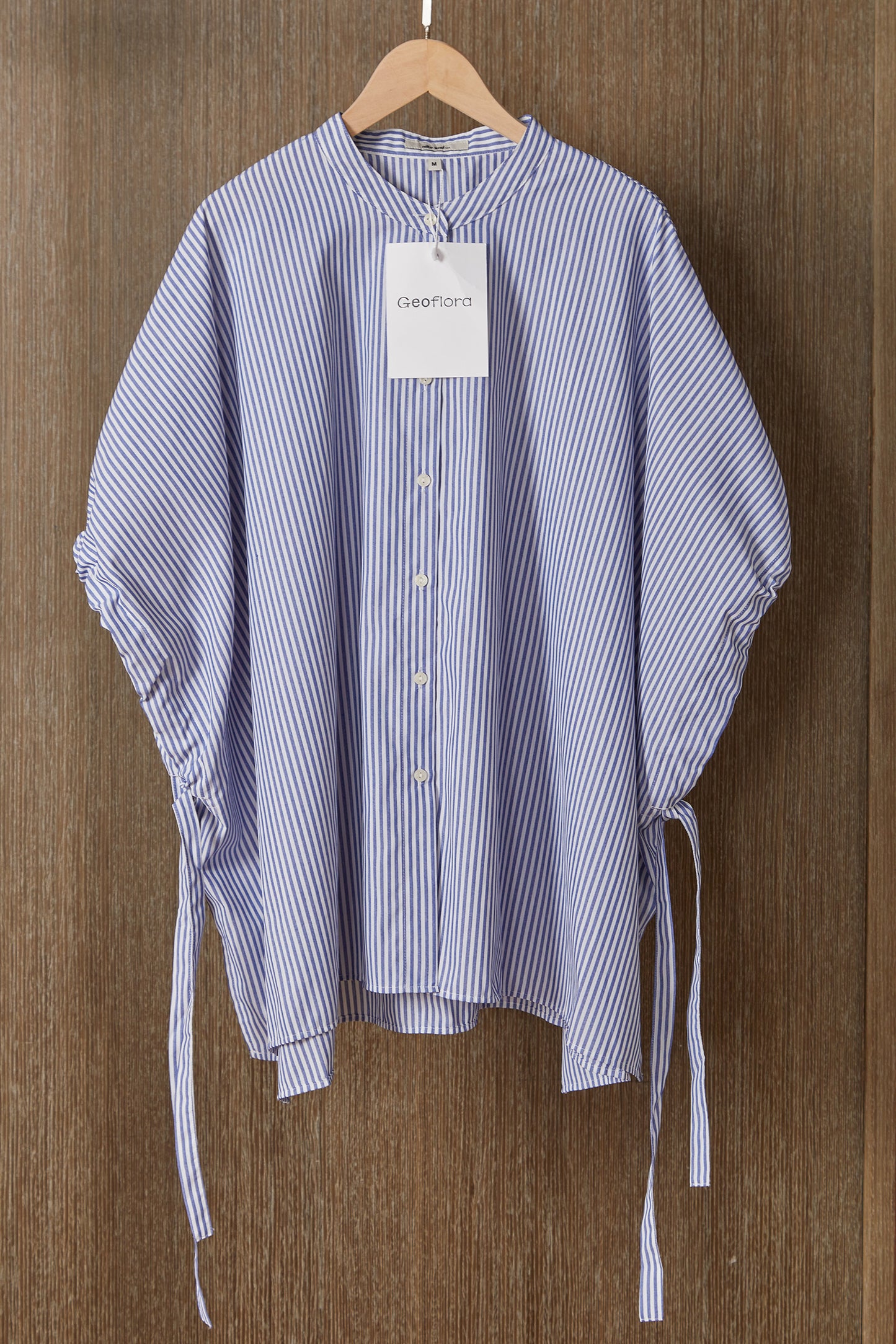 Geoflora Blue and White Striped Batwing Sleeve Blouse - Loose-Fit Drawstring Side Button-Down Shirt