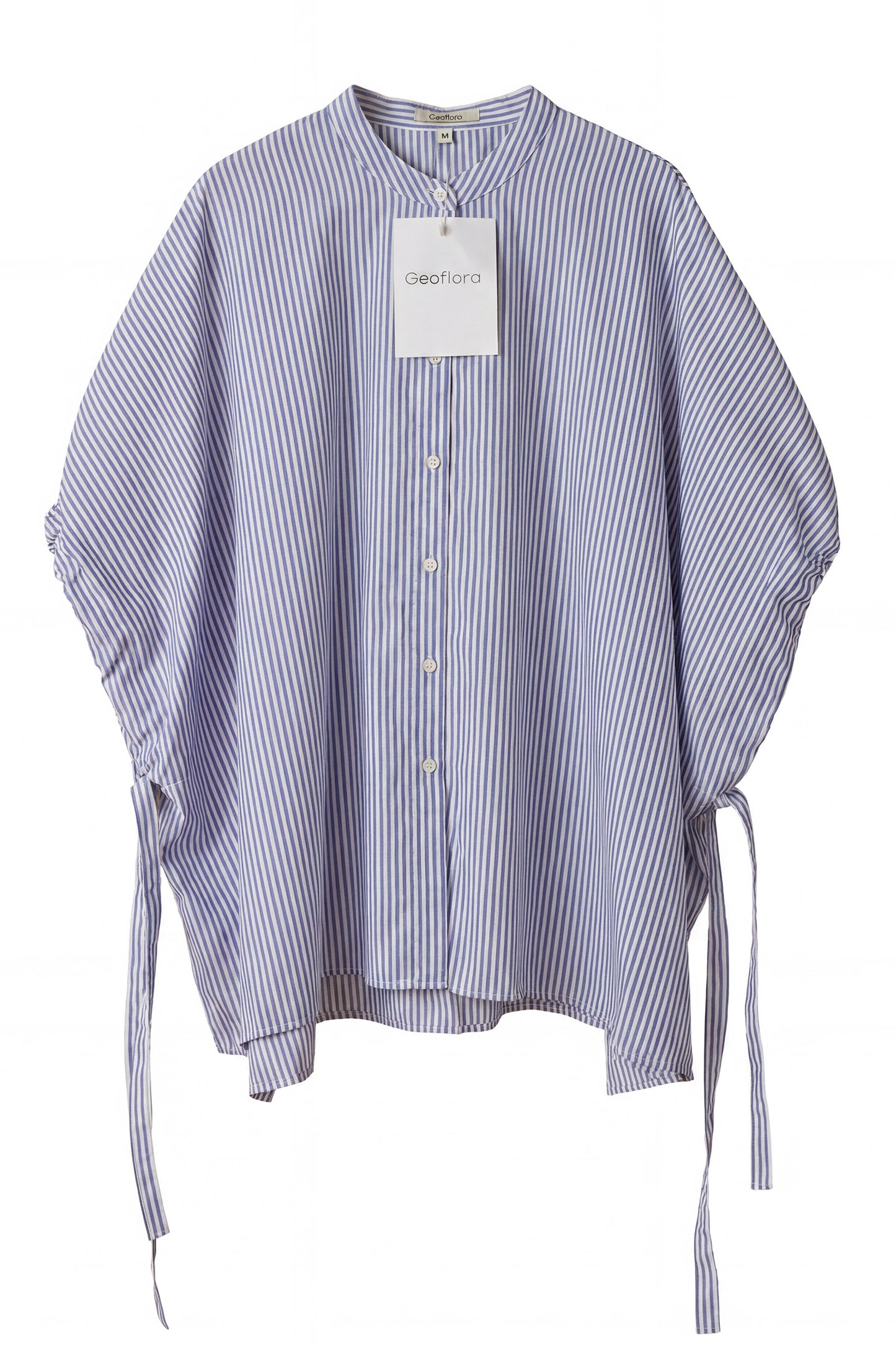 Geoflora Blue and White Striped Batwing Sleeve Blouse - Loose-Fit Drawstring Side Button-Down Shirt