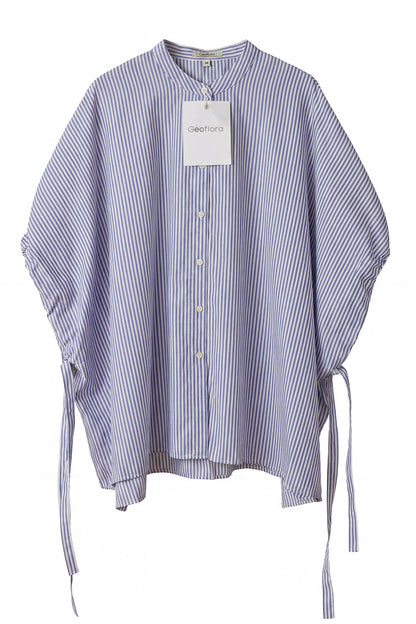 Geoflora Blue and White Striped Batwing Sleeve Blouse - Loose-Fit Drawstring Side Button-Down Shirt