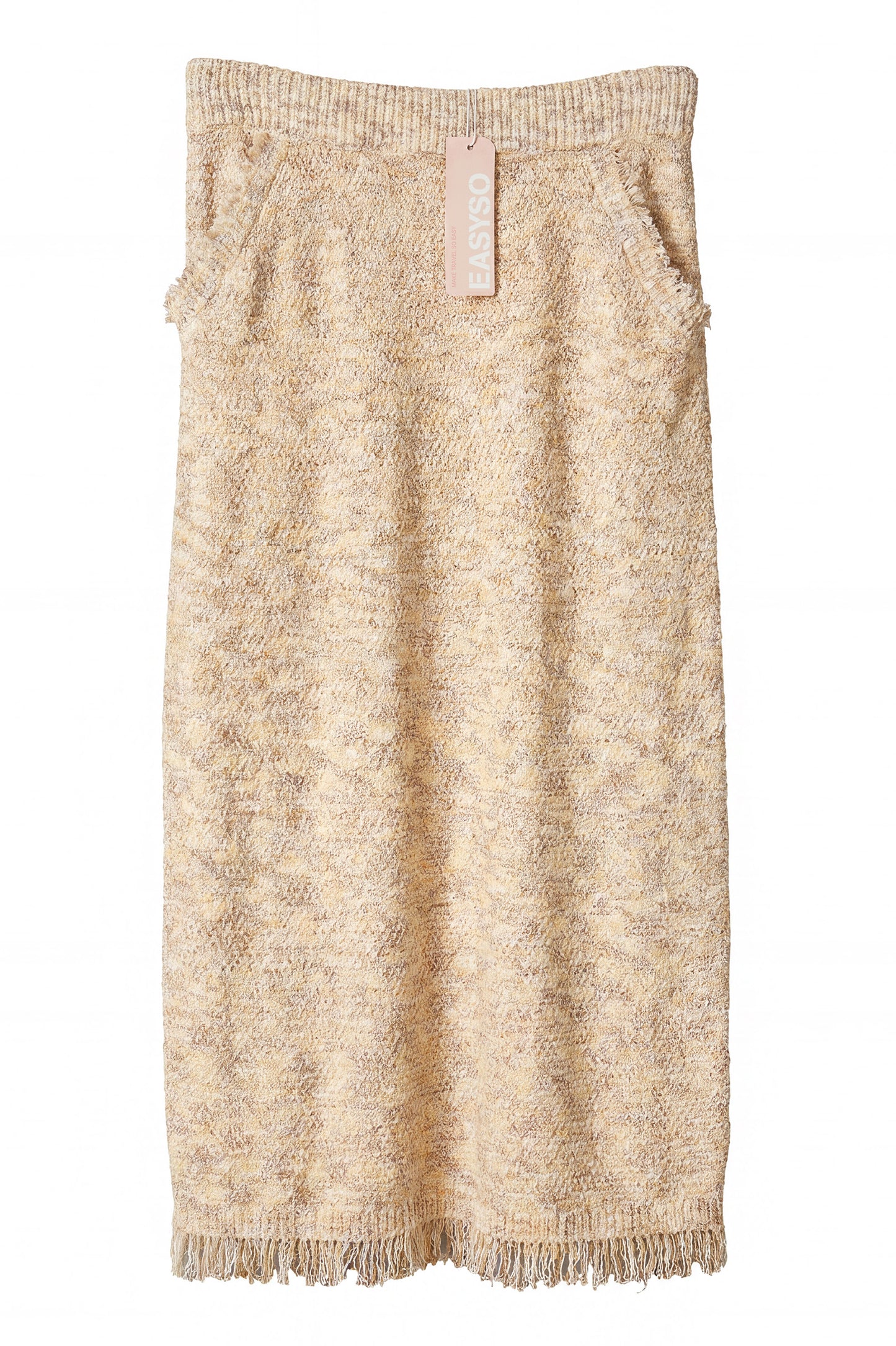 EASYSO Cozy Bouclé Knit Fringe Skirt – Oatmeal Melange Tassel Midi Skirt with Pockets