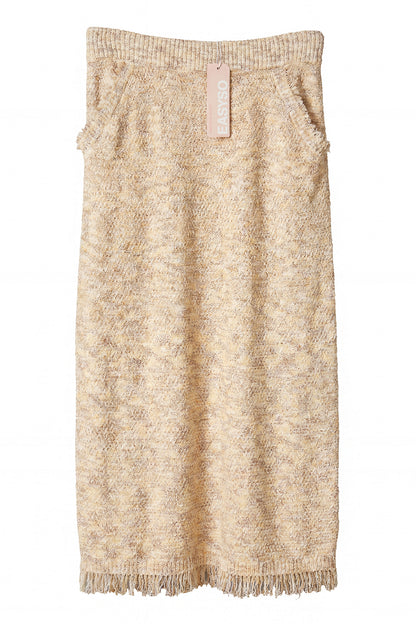 EASYSO Cozy Bouclé Knit Fringe Skirt – Oatmeal Melange Tassel Midi Skirt with Pockets
