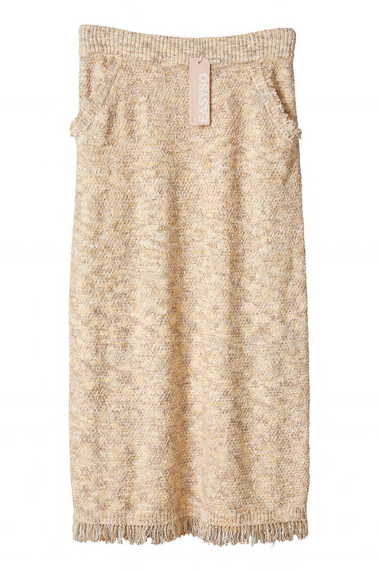 EASYSO Cozy Bouclé Knit Fringe Skirt – Oatmeal Melange Tassel Midi Skirt with Pockets