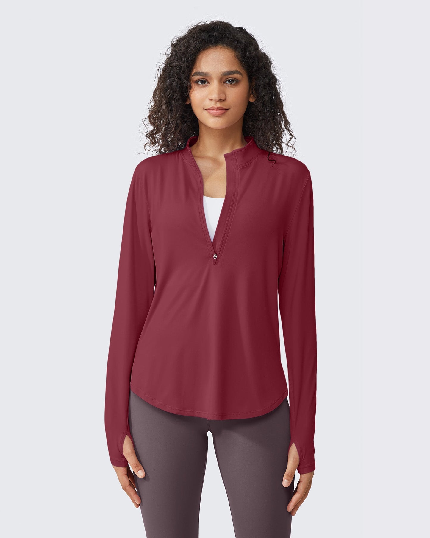 G4Free Activewear Quick Dry High Neck Sun Half Zip Workout Tops # Dark Burgundy