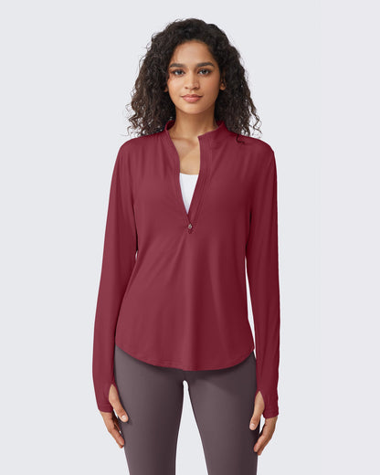 G4Free Activewear Quick Dry High Neck Sun Half Zip Workout Tops # Dark Burgundy