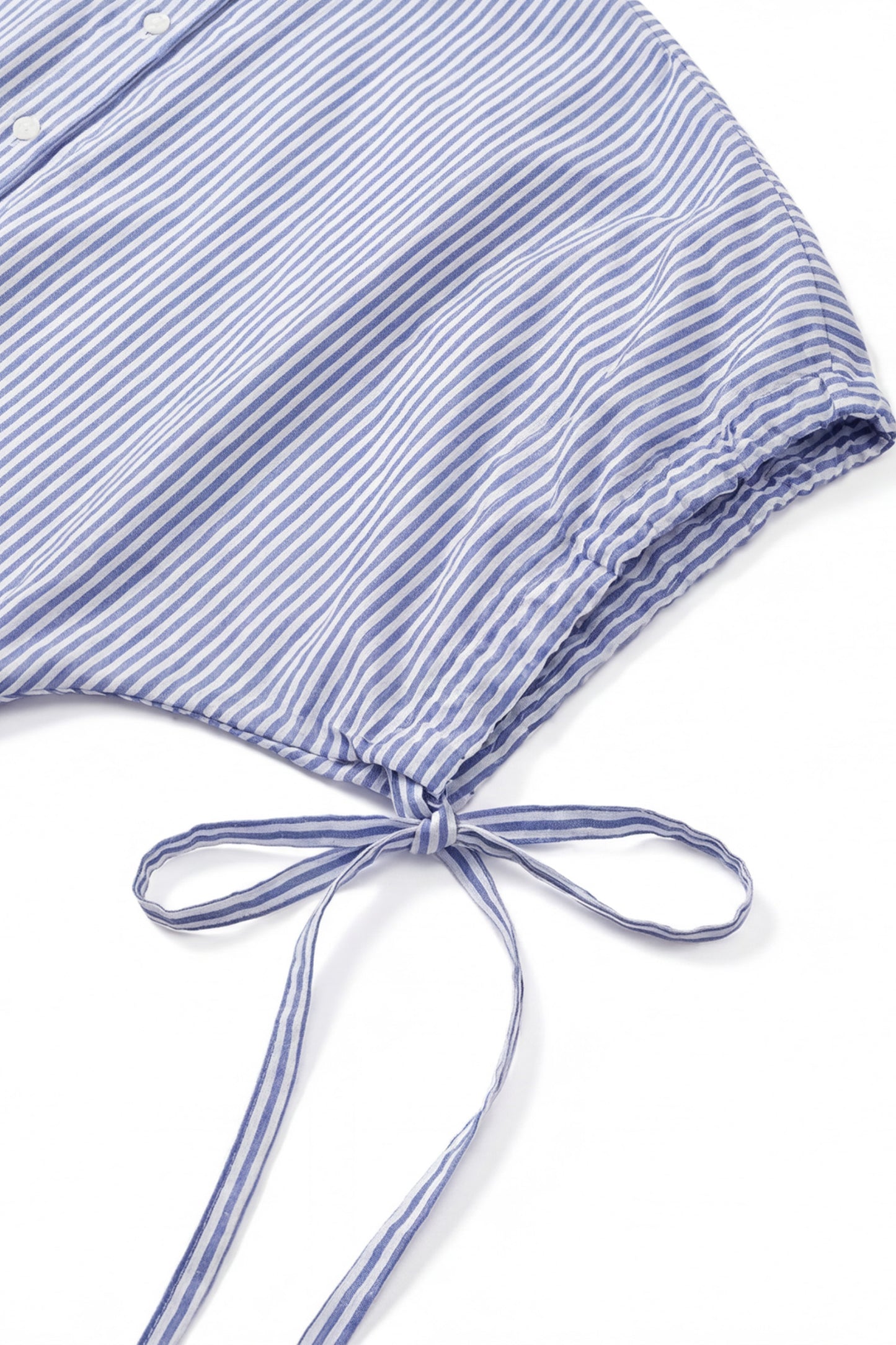 Geoflora Blue and White Striped Batwing Sleeve Blouse - Loose-Fit Drawstring Side Button-Down Shirt