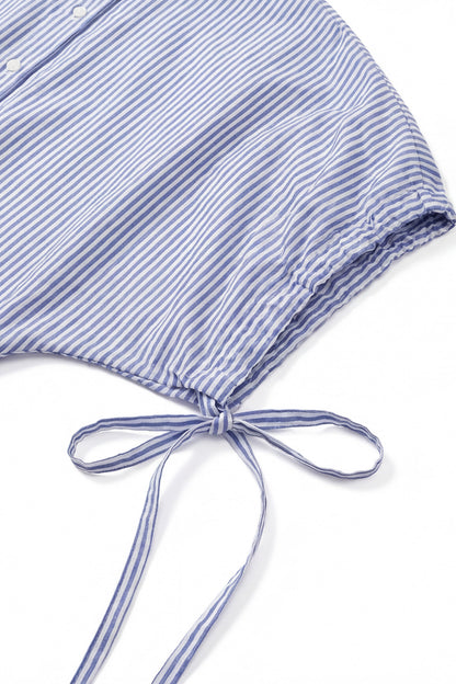 Geoflora Blue and White Striped Batwing Sleeve Blouse - Loose-Fit Drawstring Side Button-Down Shirt