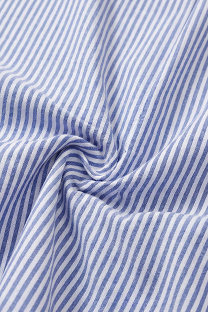 Geoflora Blue and White Striped Batwing Sleeve Blouse - Loose-Fit Drawstring Side Button-Down Shirt