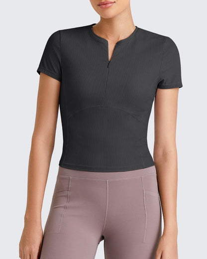 G4Free Activewear Ribbed Half Zip Slim Work Out Short Sleeve #Navy / S-Navy / M-Navy / L-Navy / XL-Navy / XS-Black / S-Black / M-Black / L-Black / XL-Black / XS