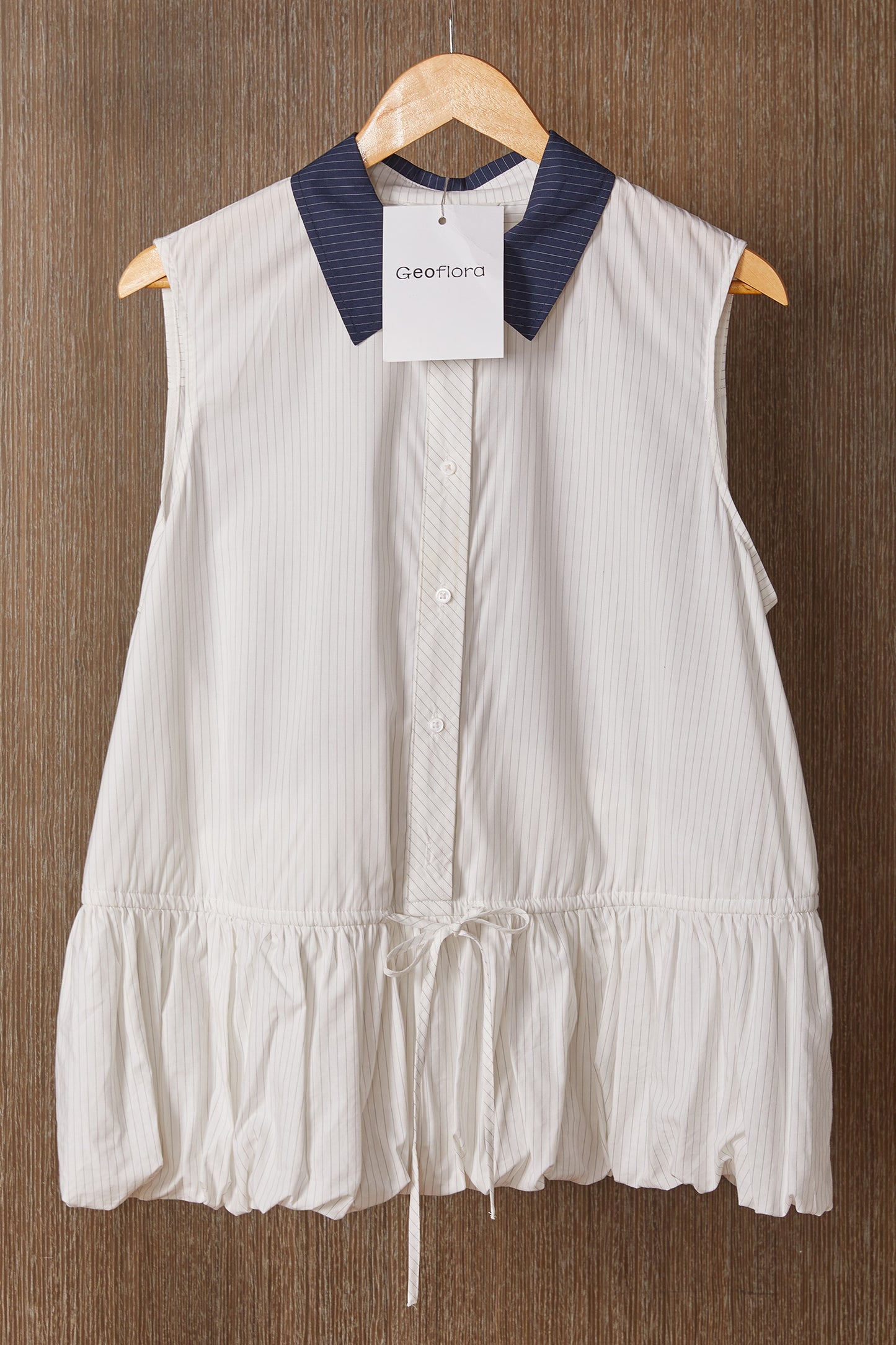 Geoflora White Sleeveless Peplum Blouse with Navy Collar - Casual Button-Down Drawstring Waist Top