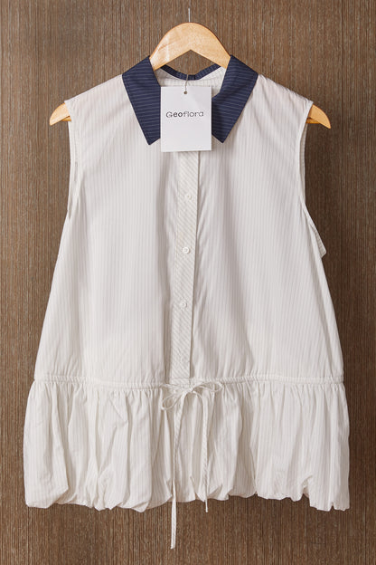 Geoflora White Sleeveless Peplum Blouse with Navy Collar - Casual Button-Down Drawstring Waist Top