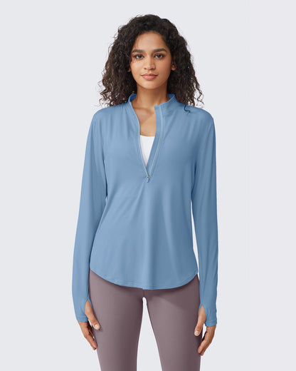 G4Free Activewear Quick Dry High Neck Sun Half Zip Workout Tops # Blue grey