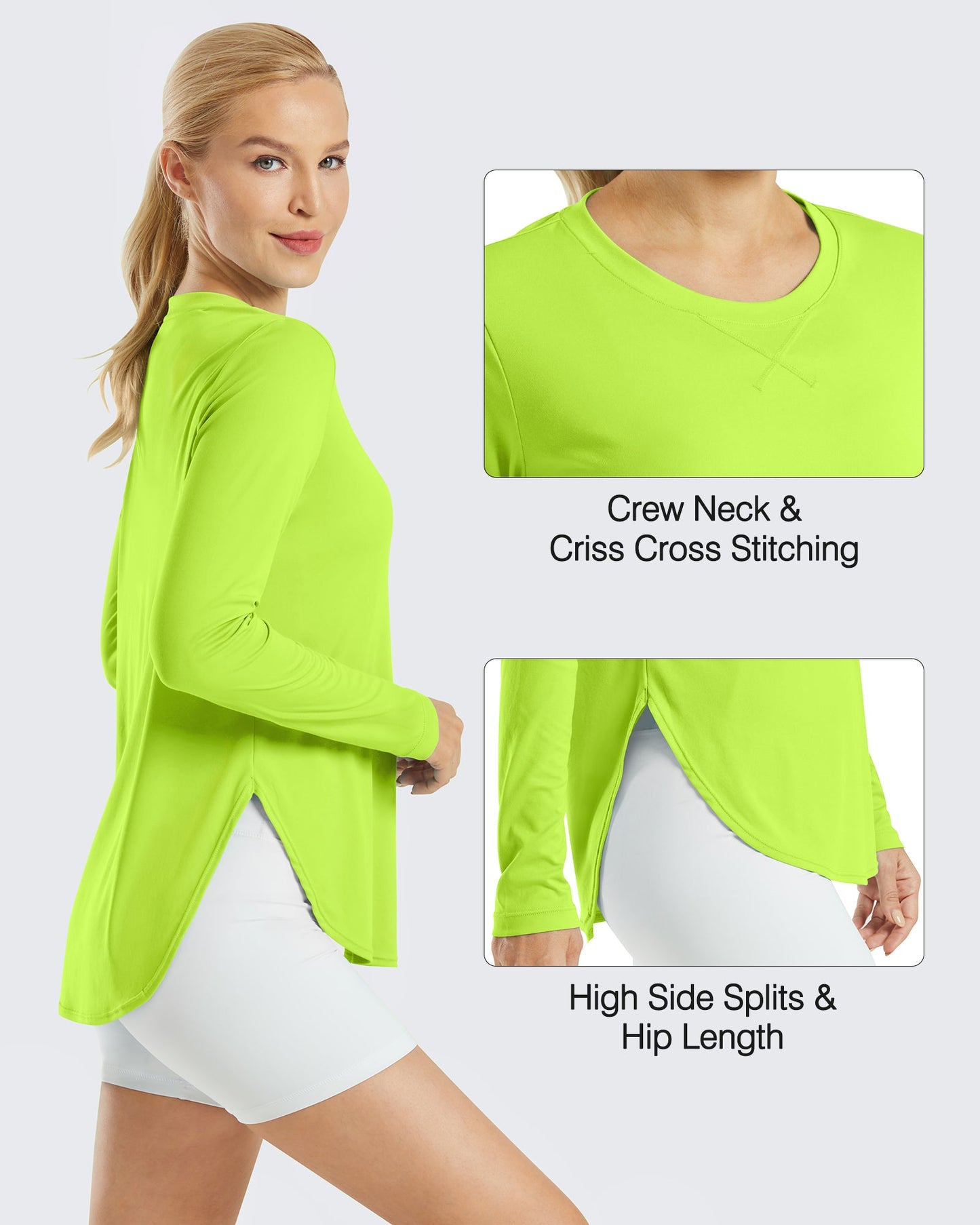 G4Free Activewear Scoop Neck UV Sun Workout Long Sleeve #Fluorescent Green